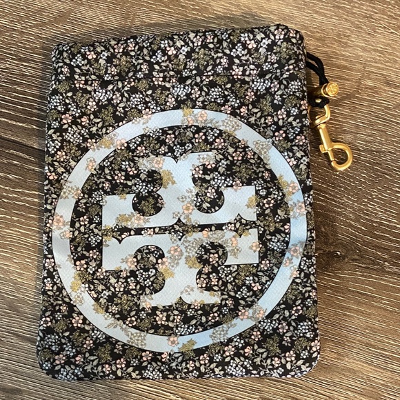 Tory Burch Handbags - Tory Burch Black Floral Pouch with Gold Hardware Pale Blue Logo 5.5x6.75 Lk New